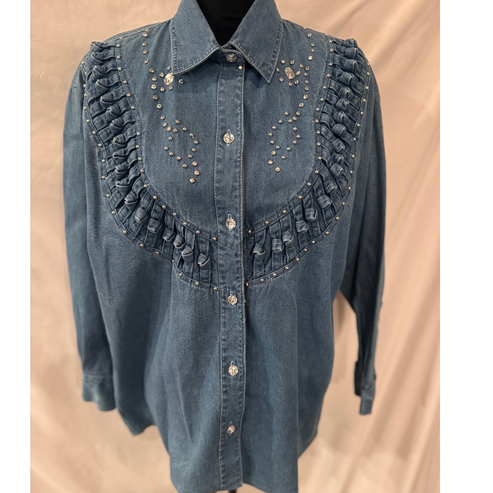 Casey Coleman Denim Ruffle Rhinestone Western Shirt Medium Wash Women L